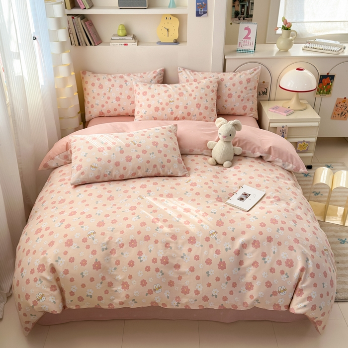 91家纺网 家纺一手货源 找家纺 清雅福 2025新款13070全棉小清新四件套 栀香小兔·粉