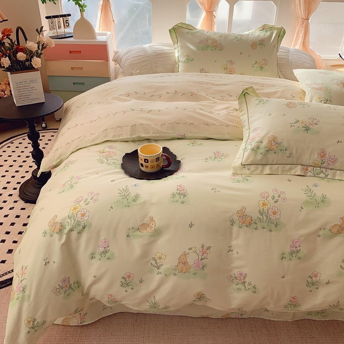 91家纺网 家纺一手货源 找家纺 2025新款亲肤舒适小清新全棉四件套 花小兔