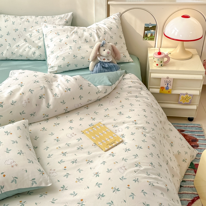 91家纺网 家纺一手货源 找家纺 清雅福 2025新款13070全棉小清新四件套 灵动如兔·米