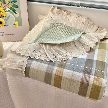 91家纺网 家纺一手货源 找家纺 2025春夏新款全棉纯棉印花法式花边床盖三件套 西格-绿花边床盖