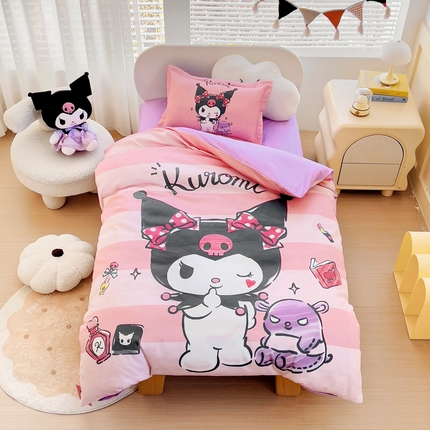 乐秀家纺 2025新款全棉A类大版定位幼儿园被子三件套卡通三丽鸥被套被芯六件套   条纹库洛米