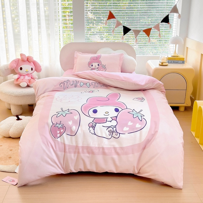 91家纺网 家纺一手货源 找家纺 乐秀家纺 2025新款全棉A类大版定位幼儿园被子三件套卡通三丽鸥被套被芯六件套   天使美乐蒂