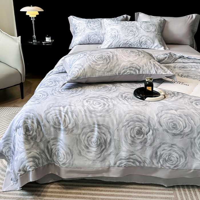 91家纺网 家纺一手货源 找家纺 迷尚家居 2025新款夏被100%莱赛尔数码印花夏被四件套50支天丝夏被 松绿玫瑰