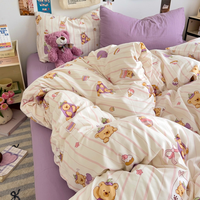 91家纺网 家纺一手货源 找家纺 水墨江南 2025新款超柔水洗棉系列四件套 茄子小熊