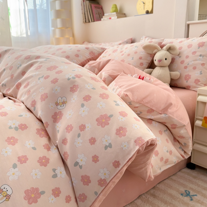 91家纺网 家纺一手货源 找家纺 清雅福 2025新款13070全棉小清新四件套 栀香小兔·粉