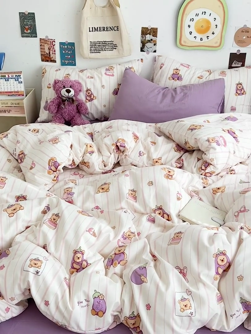 91家纺网 家纺一手货源 找家纺 水墨江南 2025新款超柔水洗棉系列四件套 茄子小熊