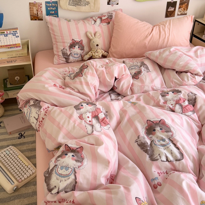 91家纺网 家纺一手货源 找家纺 水墨江南 2025新款超柔水洗棉系列四件套 猫咪公主