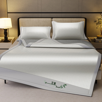 阿牛席业 2025新款水洗冰晶系列-宽头绣复三明治条席 饼干花-灰-反面三明治款条席