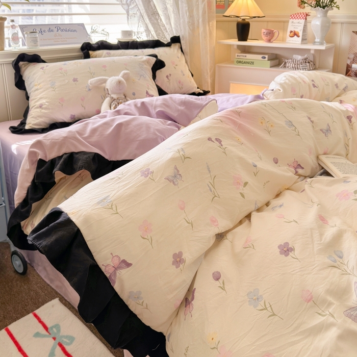 91家纺网 家纺一手货源 找家纺 慕澄家纺 2025新款法式浪漫风花边款水洗棉四件套 花边款-觅蝶