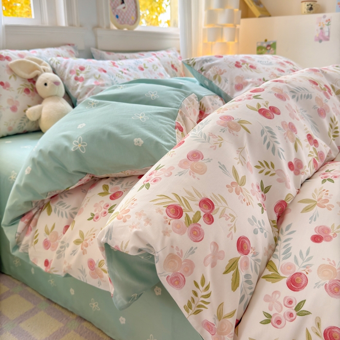 91家纺网 家纺一手货源 找家纺 清雅福 2025全棉13372小清新四件套和单品早春系列第一批-四件套 繁樱似梦