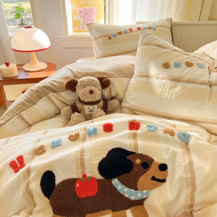 91家纺网 家纺一手货源 找家纺 葡萄家 2025专版高克重超萌卡通格子双拼毛巾绣软糯糯水洗棉四件套 腊肠狗狗