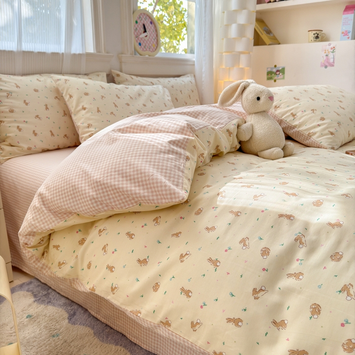 91家纺网 家纺一手货源 找家纺 清雅福 2025全棉13372小清新四件套和单品早春系列第一批 - 单被套 兔精灵