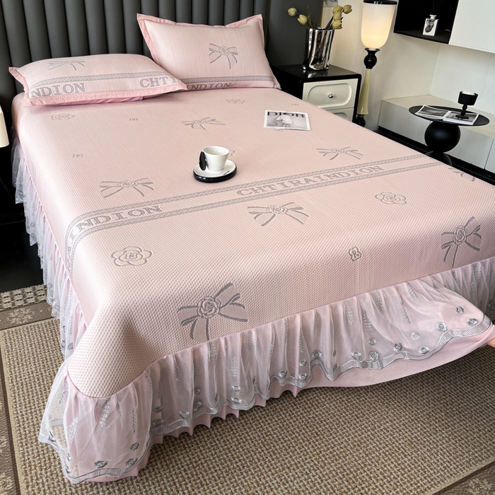 91家纺网 家纺一手货源 找家纺 阿牛席业 2025新款凉感床盖系列 g-蝴蝶结-粉（床盖）