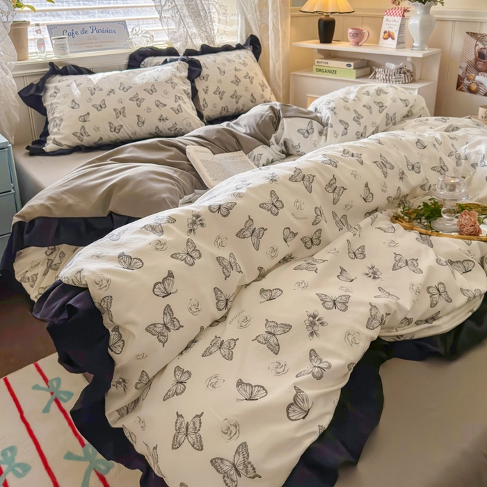 91家纺网 家纺一手货源 找家纺 慕澄家纺 2025新款法式浪漫风花边款水洗棉四件套 花边款-蝶恋