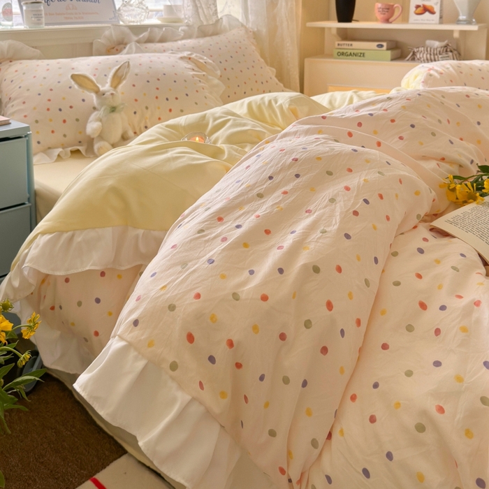 91家纺网 家纺一手货源 找家纺 慕澄家纺 2025新款法式浪漫风花边款水洗棉四件套 花边款-奶油波点