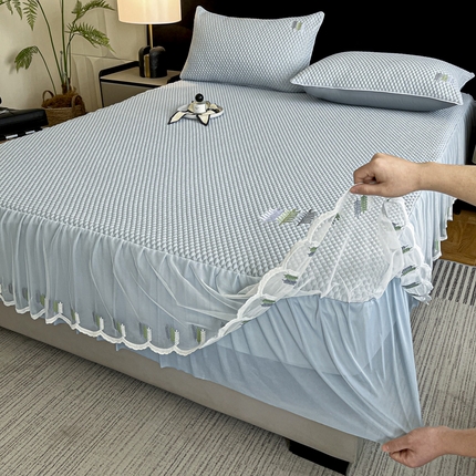 阿牛席业 2025新款凉感软席系列-H-凉感豆豆床笠床裙 A-三树-冰雪蓝【水洗床笠床单】