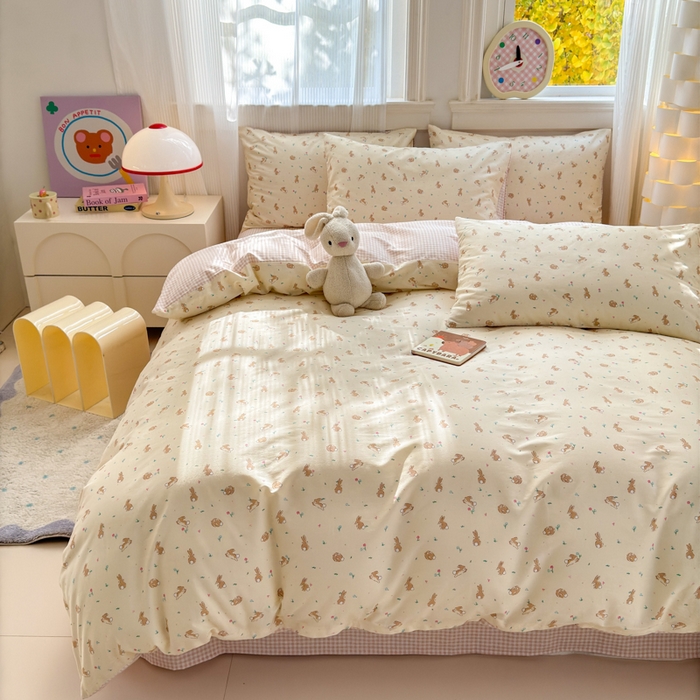 91家纺网 家纺一手货源 找家纺 清雅福 2025全棉13372小清新四件套和单品早春系列第一批 - 单被套 兔精灵