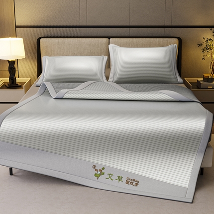 91家纺网 家纺一手货源 找家纺 阿牛席业 2025新款水洗冰晶系列-宽头绣复三明治条席 水云间-灰-反面三明治款条席