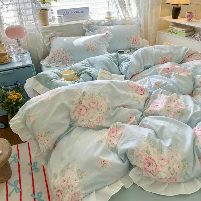 91家纺网 家纺一手货源 找家纺 慕澄家纺 2025新款法式浪漫风花边款水洗棉四件套 花边款-爱丽丝