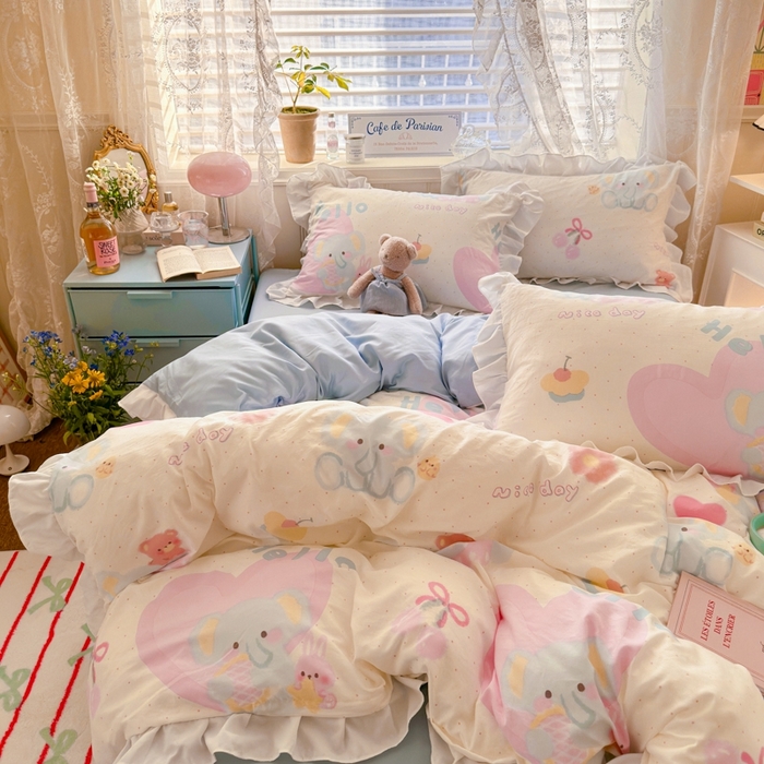 91家纺网 家纺一手货源 找家纺 慕澄家纺 2025新款法式浪漫风花边款水洗棉四件套 花边款-小象