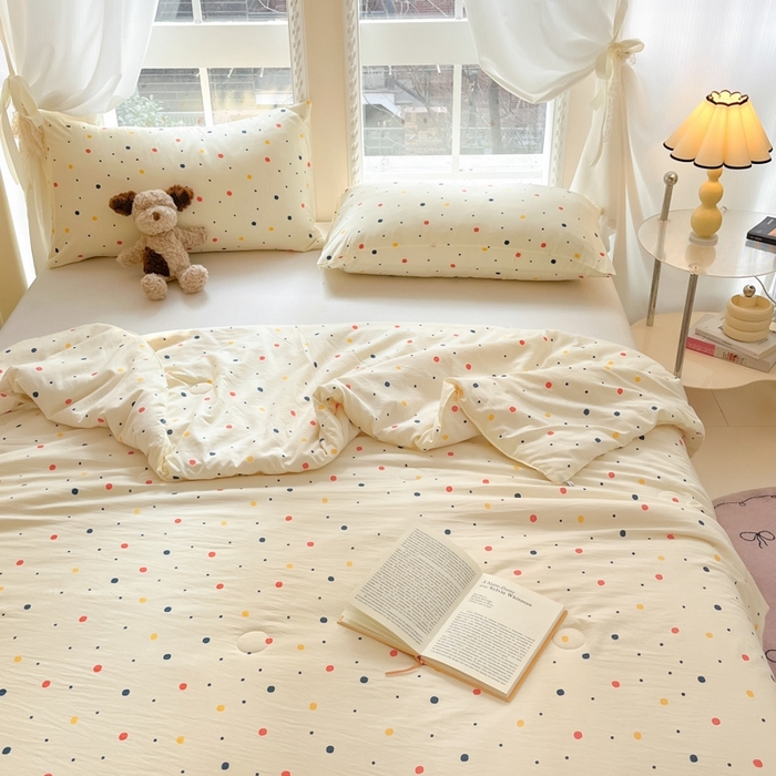 91家纺网 家纺一手货源 找家纺 星巴k家纺 2025糯糯棉A类大豆蛋白纤维夏凉被双层纱水洗棉夏被大豆被 彩色波点