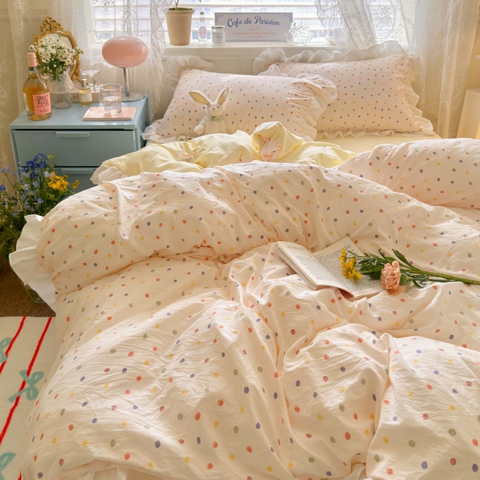 91家纺网 家纺一手货源 找家纺 慕澄家纺 2025新款法式浪漫风花边款水洗棉四件套 花边款-奶油波点