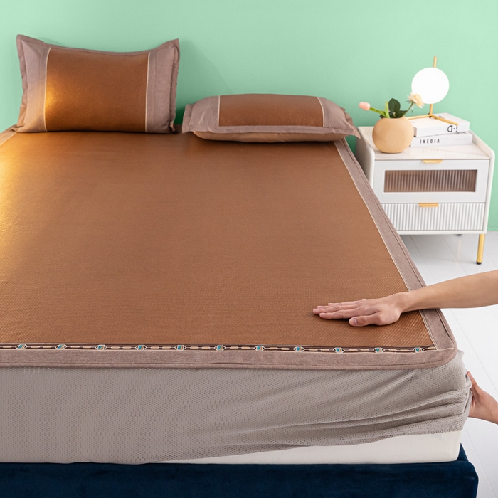 91家纺网 家纺一手货源 找家纺 阿牛席业2025新款冰藤凉席系列冰藤清爽床笠席 清爽-咖【床笠款】