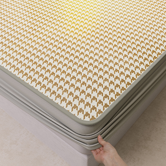 91家纺网 家纺一手货源 找家纺 阿牛席业 2025新款水洗冰晶系列-小边床笠款 大千鸟格-咖-床笠反面无纺布款