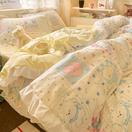 91家纺网 家纺一手货源 找家纺 慕澄家纺 2025新款法式浪漫风花边款水洗棉四件套 花边款-格子铺