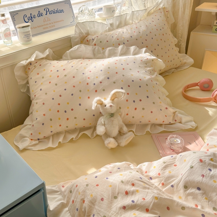 91家纺网 家纺一手货源 找家纺 慕澄家纺 2025新款法式浪漫风花边款水洗棉四件套 花边款-奶油波点