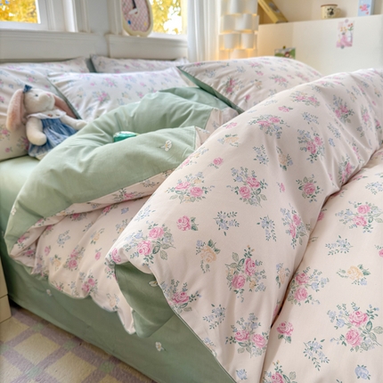 91家纺网 家纺一手货源 找家纺 清雅福 2025全棉13372小清新四件套和单品早春系列第一批-四件套 诗野春日