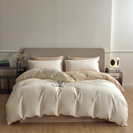 佳汐蓝家纺 2025新款全棉纯色双拼-简兮系列四件套 简兮-奶昔白+奶茶