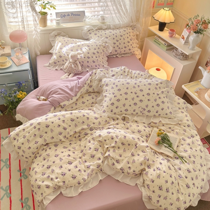 91家纺网 家纺一手货源 找家纺 慕澄家纺 2025新款法式浪漫风花边款水洗棉四件套 花边款-兔寻花