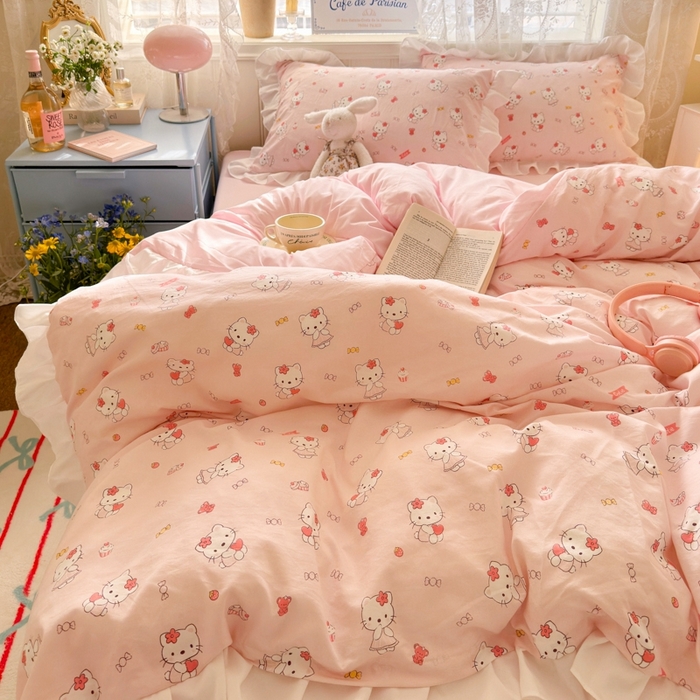 91家纺网 家纺一手货源 找家纺 慕澄家纺 2025新款法式浪漫风花边款水洗棉四件套 花边款-粉咪咪