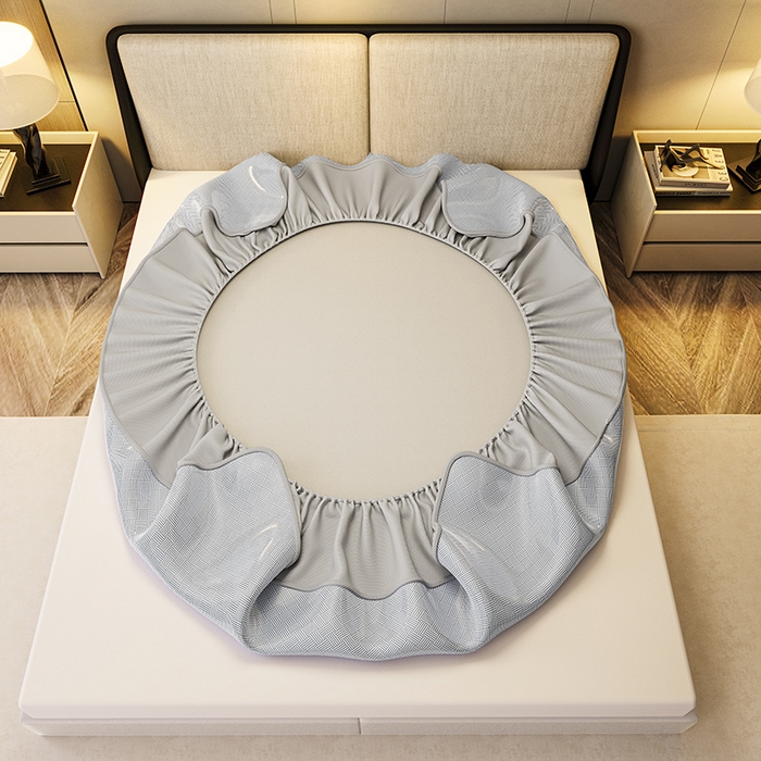 91家纺网 家纺一手货源 找家纺 阿牛席业 2025新款水洗冰晶系列-小边床笠款 饼干花-灰-床笠反面无纺布款