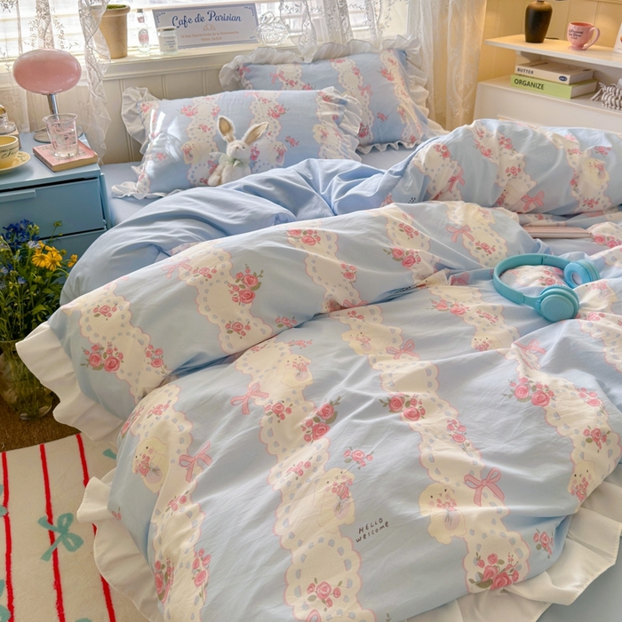 91家纺网 家纺一手货源 找家纺 慕澄家纺 2025新款法式浪漫风花边款水洗棉四件套 花边款-蓝色花语