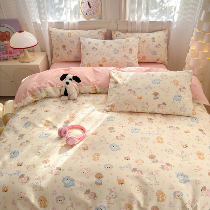 91家纺网 家纺一手货源 找家纺 清雅福 2025全棉13372小清新四件套和单品早春系列第一批-四件套 狗狗家族