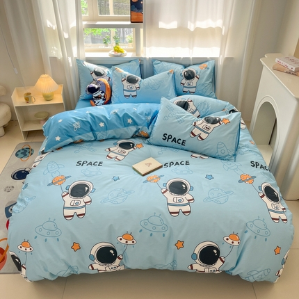 91家纺网 家纺一手货源 找家纺 孩子王家纺 2025新款亲肤活性小版纯棉专版太空人卡通学生儿童宿舍四件套系列 淘气星球