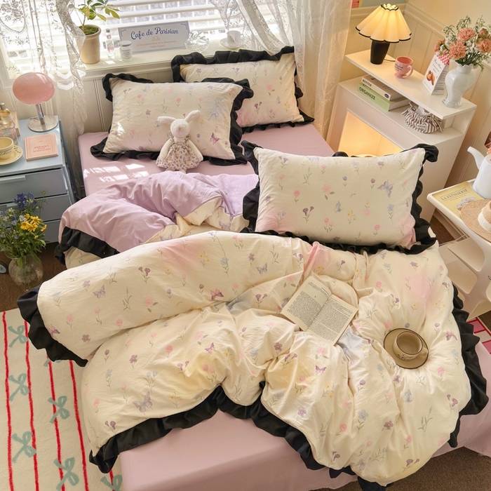 91家纺网 家纺一手货源 找家纺 慕澄家纺 2025新款法式浪漫风花边款水洗棉四件套 花边款-觅蝶