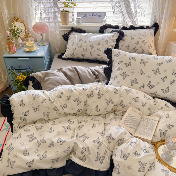 91家纺网 家纺一手货源 找家纺 慕澄家纺 2025新款法式浪漫风花边款水洗棉四件套 花边款-蝶恋