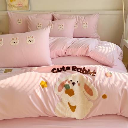 逸尚阁 2025新款可爱兔毛巾绣水洗棉四件套【提供买家秀】 可爱兔-樱花粉