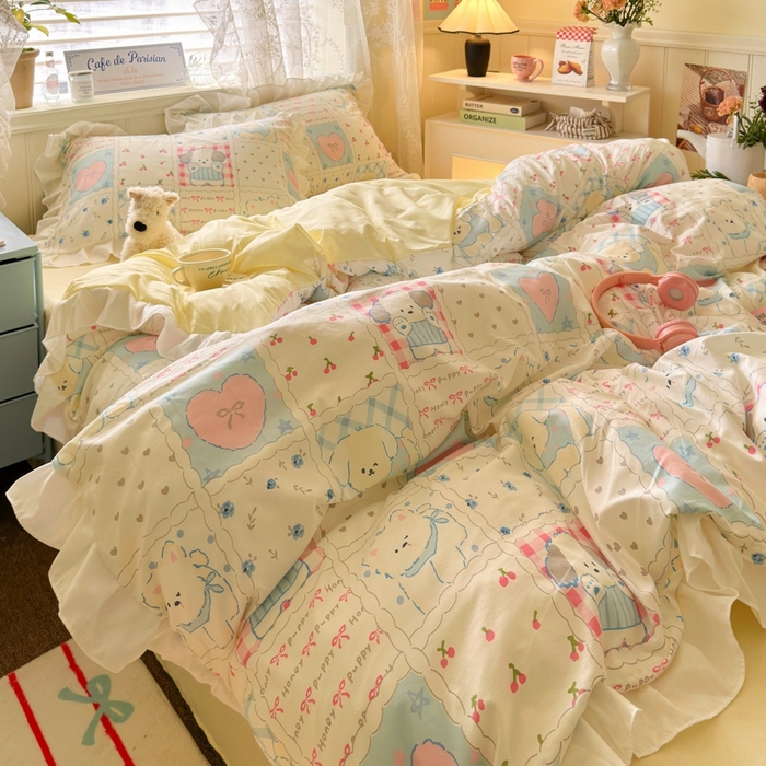 91家纺网 家纺一手货源 找家纺 慕澄家纺 2025新款法式浪漫风花边款水洗棉四件套 花边款-格子铺