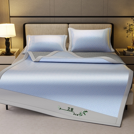 阿牛席业 2025新款水洗冰晶系列-宽头绣复三明治条席 饼干花-蓝-反面三明治款条席