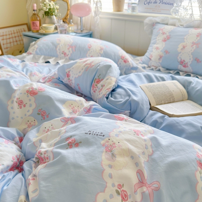 91家纺网 家纺一手货源 找家纺 慕澄家纺 2025新款法式浪漫风花边款水洗棉四件套 花边款-蓝色花语