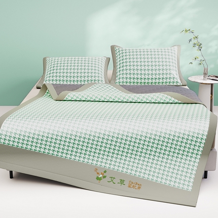 阿牛席业 2025新款水洗冰晶系列-宽头绣复三明治条席 大千鸟格-绿-反面三明治款条席