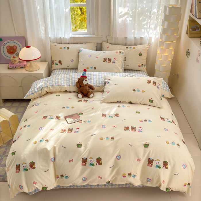 91家纺网 家纺一手货源 找家纺 清雅福 2025全棉13372小清新四件套和单品早春系列第一批 - 单被套 三只小熊