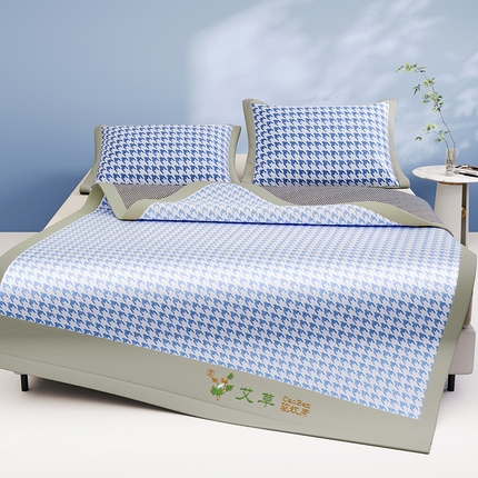 91家纺网 家纺一手货源 找家纺 阿牛席业 2025新款水洗冰晶系列-宽头绣复三明治条席 大千鸟格-蓝-反面三明治款条席