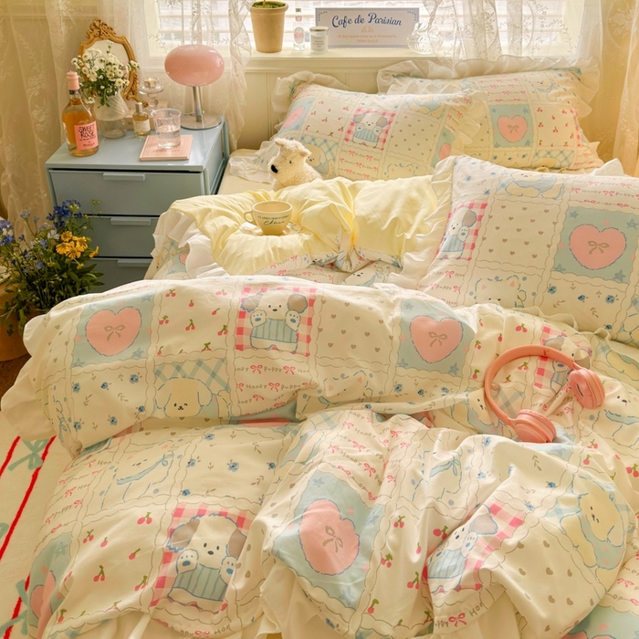 91家纺网 家纺一手货源 找家纺 慕澄家纺 2025新款法式浪漫风花边款水洗棉四件套 花边款-格子铺