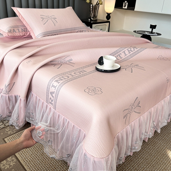 91家纺网 家纺一手货源 找家纺 阿牛席业 2025新款凉感床盖系列 g-蝴蝶结-粉（床盖）