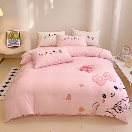 逸尚阁 2025新款可爱猫咪贴布绣水洗棉四件套【提供买家秀】 可爱猫咪-浅粉